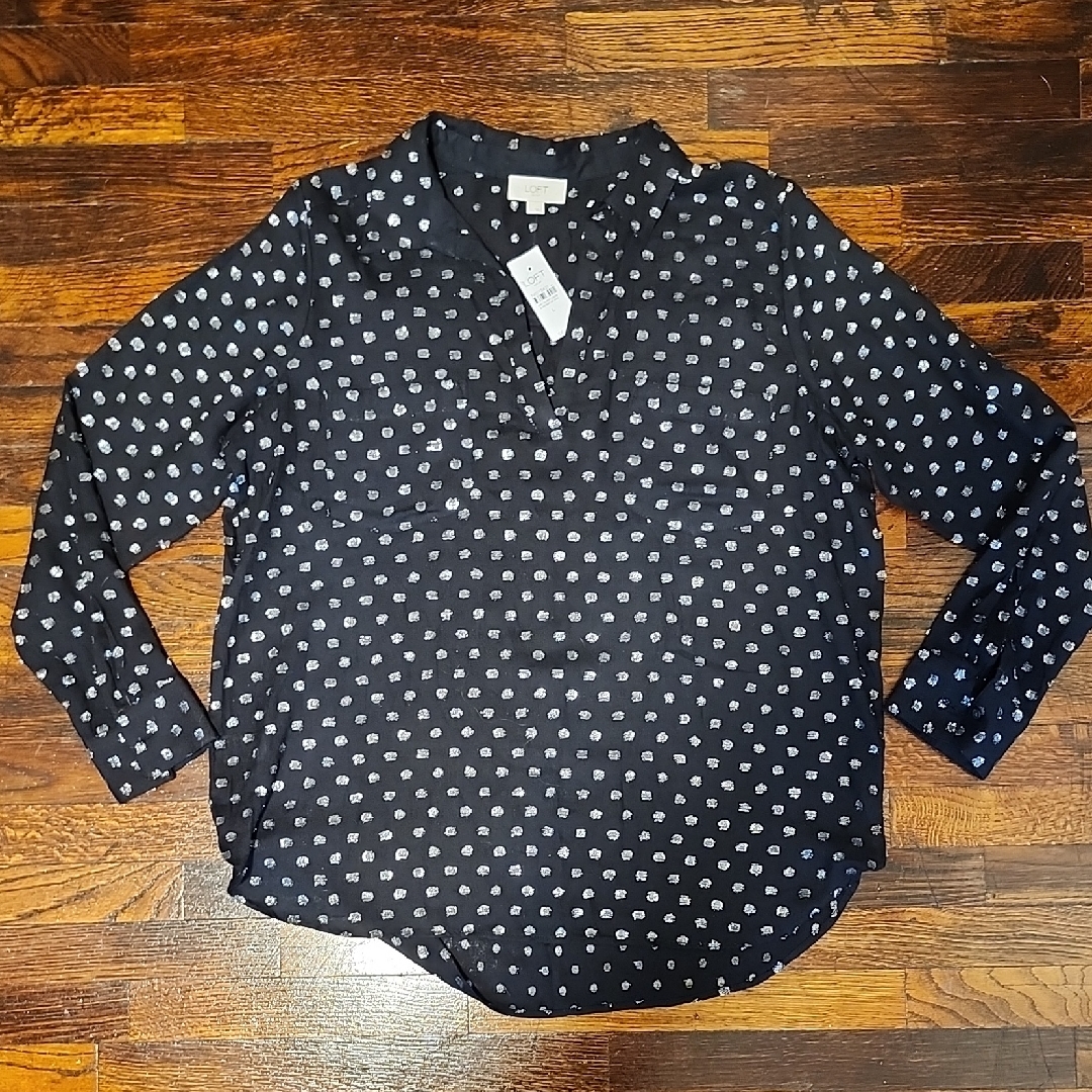 Loft Black And Silver Polka Dot Blouse With Long Sleeves